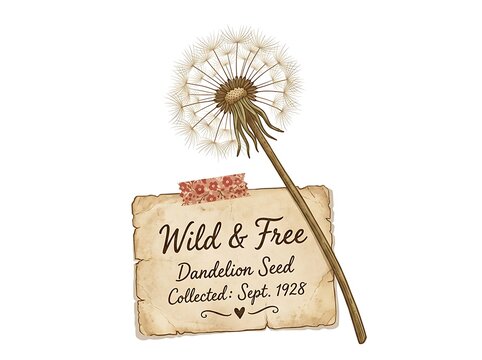 Vintage style illustration of a dandelion seed head with a handwritten paper note tagged wild and free and collected in september 1928 for a natural botanical decor
