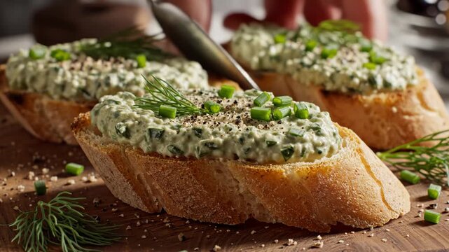 Toasted baguette slices spread with creamy herb dip, garnished with fresh dill and chives, presented on a wooden serving board with cracked black pepper and olives in background.