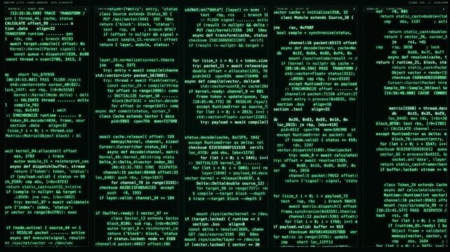 Tracking shot of multiple columns of green terminal code slowly scrolling across dark screen showing console text panels in server room interface.
