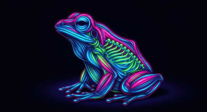 Neon skeletal frog illustration with glowing lines.