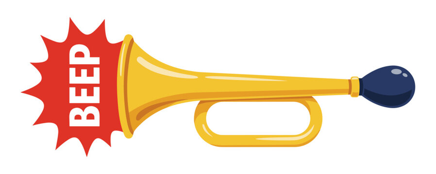 Golden vintage horn with beep text sound cloud and bulb
