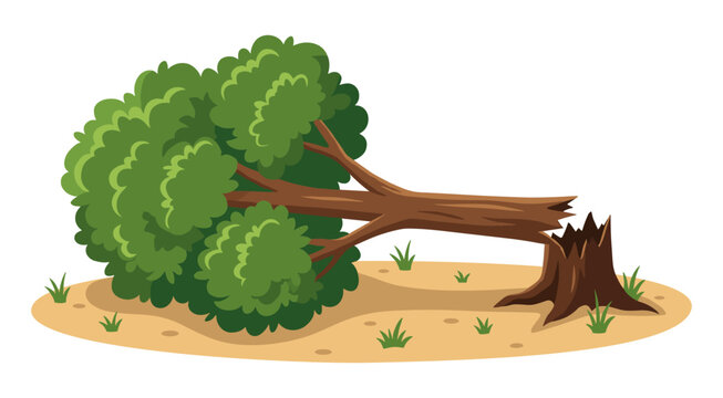 Broken fallen green tree on ground with sharp stump
