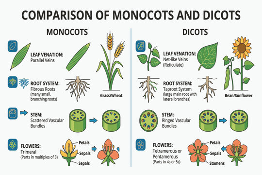 Educational monocot versus dicot diagram showing roots, leaves, flowers, and stem differences