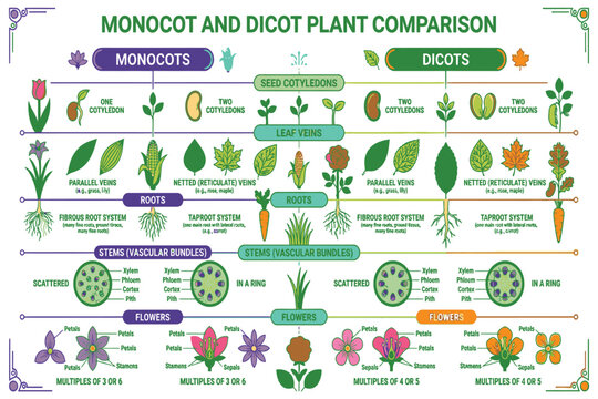 Botanical infographic comparing monocot and dicot plants through anatomy, growth, and morphology