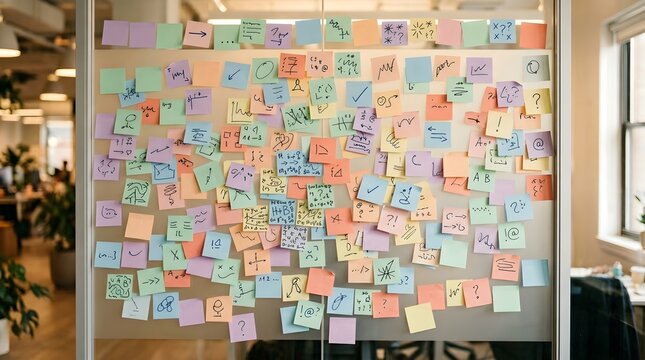 Colorful sticky notes on office glass wall