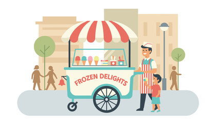 Naklejka premium Ice cream vendor at a vintage cart in the city handing a colorful cone to an excited young boy in flat style.