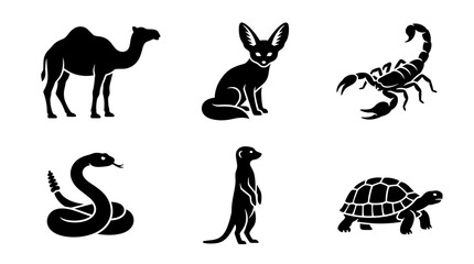 Obraz premium desert animal silhouette symbols, camel, fennec fox, scorpion, rattlesnake, meerkat, desert tortoise, exactly six symbols