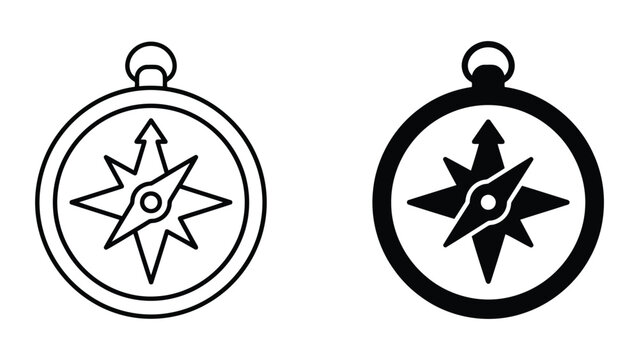 Classic navigation compass icon set featured in both clean line art and solid black silhouette styles isolated on a white background for adventure websites and travel application user interfaces