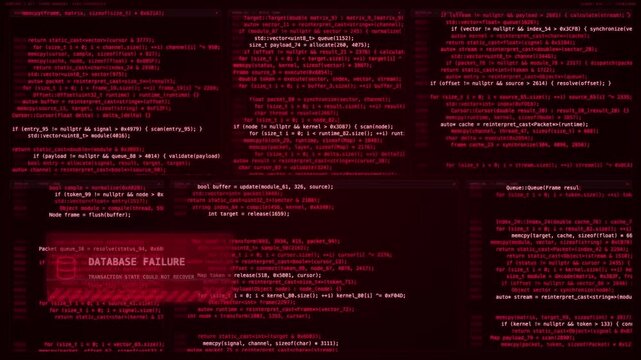 Panning tracking slow shot of red error notifications scrolling across terminal code panels on multiple monitors in control room dashboard display.