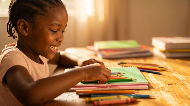 back to school study education children diversity young girl smiling while organizing colorful pencils on a desk with notebooks in a bright classroom settin
