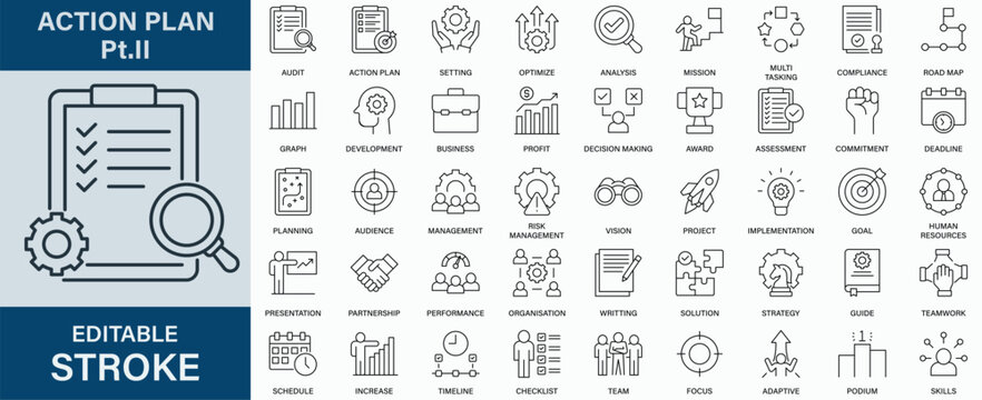 Action Plan icon collection set. Editable stroke.