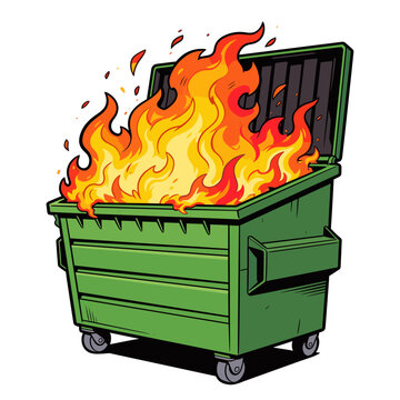 Green dumpster fire with big orange flame and spark