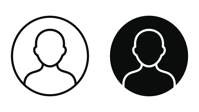User account avatar icon set featuring circular frame with human silhouette for profile identification and login interface design in outline and solid black vector graphics on white background