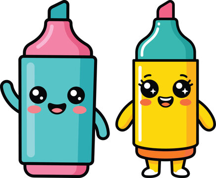 Cute Kawaii Highlighter Markers Illustration for Back to School Vector Design with Cute Smiling Marker Pens
