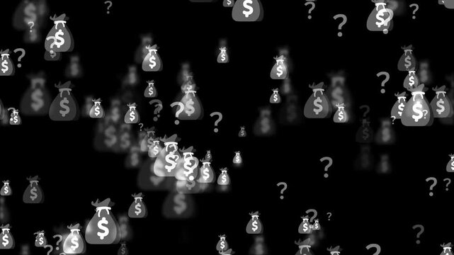 Dark background with scattered money bags and question marks, showing confusion risk and uncertain finance concept animation