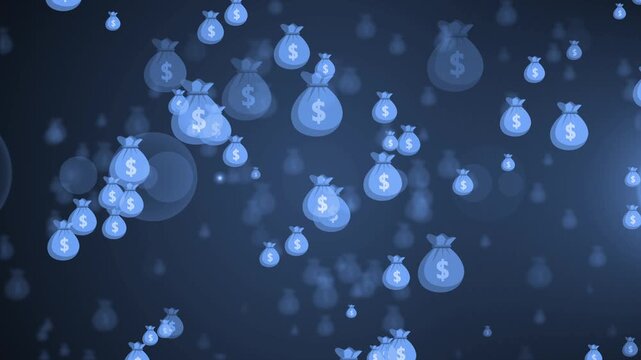 Abstract background with floating money bag icons and soft bokeh lights, showing finance savings investment and business growth concept animation