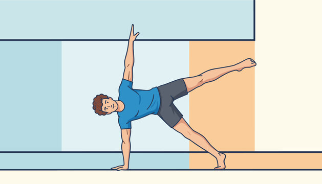 Athletic young man performing an advanced side plank yoga pose to build core strength and body balance.