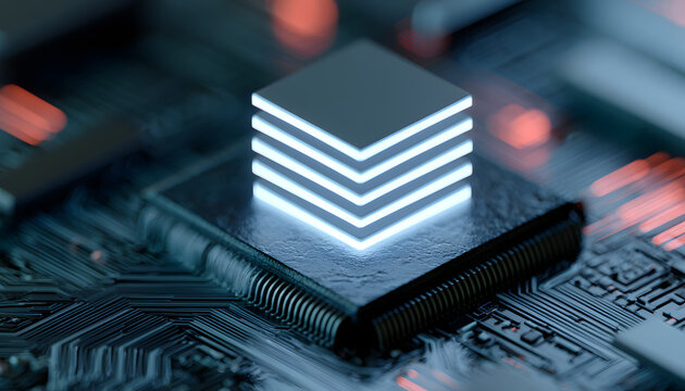 A glowing, stacked icon sits atop a microchip base. The circuit board displays data processing technology. Futuristic digital infrastructure, coupled with cloud computing, facilitates information flow