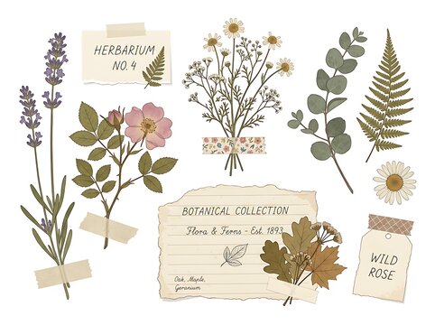Set of hand drawn botanical illustrations with wild flowers lavender rose eucalyptus and fern branches in a vintage sketch style for design projects and stationery