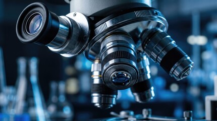 Fototapeta premium Close-Up of Modern Microscope in Laboratory with Scientific Equipment