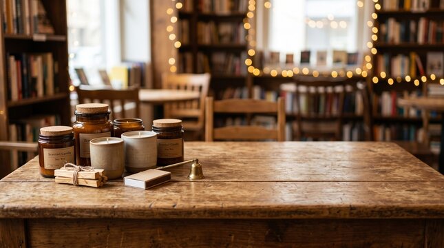 Cozy bookstore scene with scented candles, matches, and a snuffer on a rustic wooden table, surrounded by bookshelves and warm fairy lights.