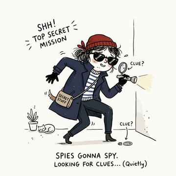 Secret agent girl looking for clues with flashlight and magnifying glass.