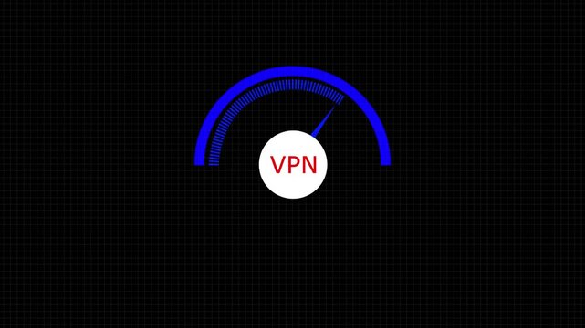 Animated speedometer sign with VPN icon. Indicator level icon. Risk level. Car speedometer cartoon animation on black background 4k motion video animation.