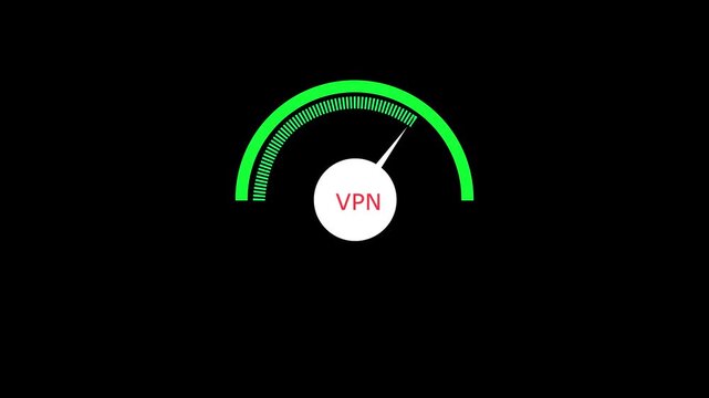 Animated speedometer sign with VPN icon. Indicator level icon. Risk level. Car speedometer cartoon animation on black background 4k motion video animation.