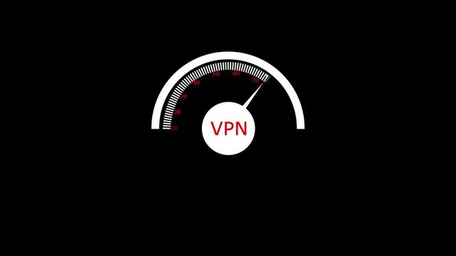 Animated speedometer sign with VPN icon. Indicator level icon. Risk level. Car speedometer cartoon animation on black background 4k motion video animation.