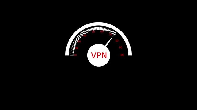 Animated speedometer sign with VPN icon. Indicator level icon. Risk level. Car speedometer cartoon animation on black background 4k motion video animation.