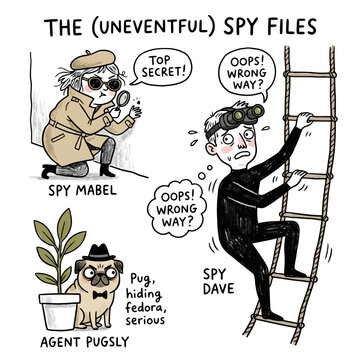 Funny spy file collection featuring mabel dave and agent pugsly the dog.