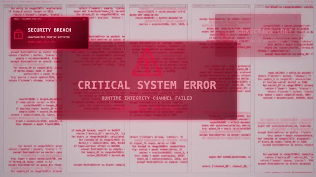 Tracking shot zooming in on access denied and connection lost pop ups over red tinted code screen in server control room interface.