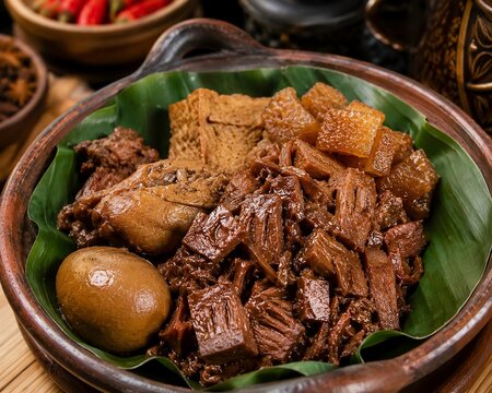 Traditional Javanese Gudeg Dish with Jackfruit Chicken Egg and Tofu Served on Banana Leaf