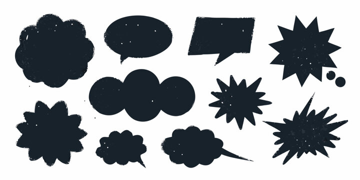 Black grunge style speech bubble silhouettes arranged on a white background bubbles thought comic dialogue
