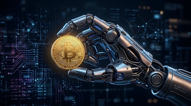 Robotic hand holding Bitcoin coin on dark circuit background