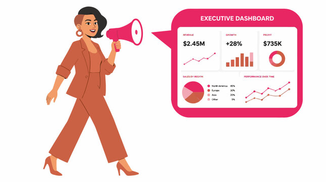 Woman with megaphone and executive summary chart.