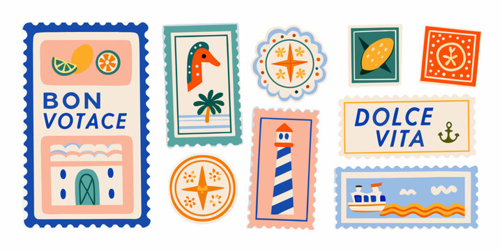 Collection of retro style travel stickers featuring fruit landmarks and nautical elements vintage postcard orange