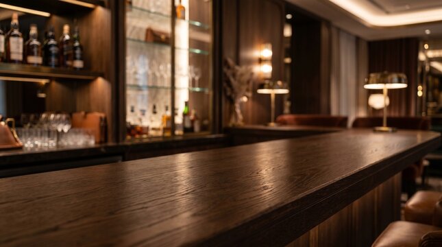 A dark wooden bar counter takes center stage in an elegant, dimly lit lounge featuring shelves of spirits and warm, golden ambient lighting.