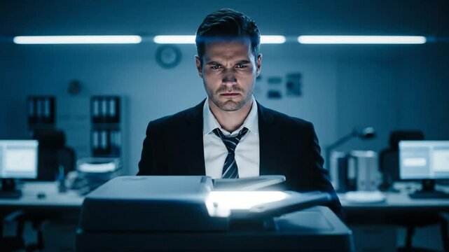 Focused businessman struggles with copier machine in a dark office, problem solving