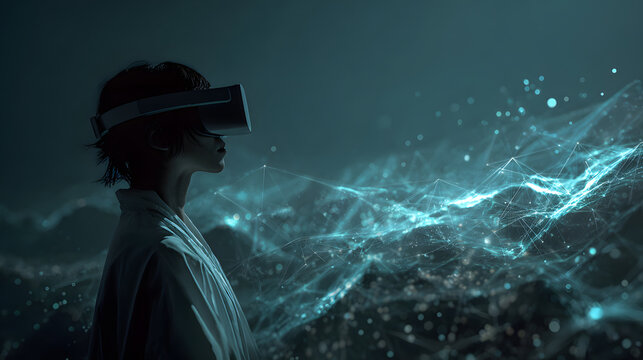 Person wearing virtual reality headset, standing in dark futuristic environment with glowing digital network lines, exploring immersive technology with sense of wonder and curiosity