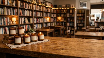 Fototapeta premium Cozy bookstore interior featuring lit amber candles on a rustic wooden table surrounded by bookshelves and warm ambient string lights.