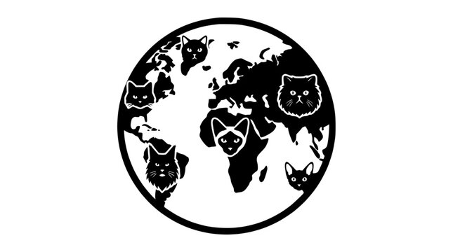 Stylized World Map Globe Featuring Various Feline Cat Head Silhouettes in Black and White