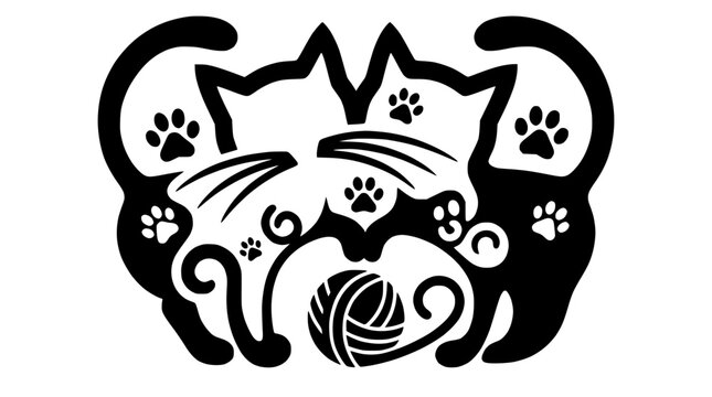 Two Stylized Playful Cats with Yarn Ball and Paw Prints Silhouette Illustration