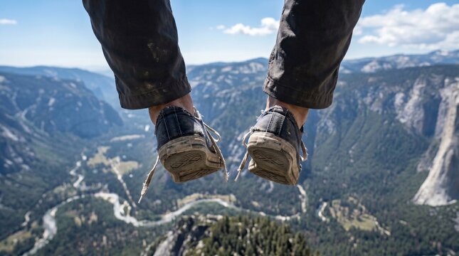 Worn sneaker soles hanging over stunning mountain valley aerial perspective