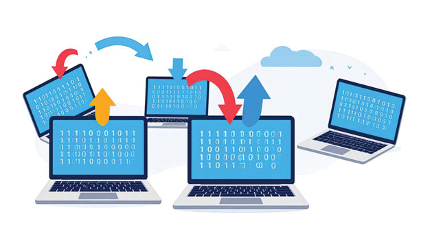 Laptops in network connection syncing data.