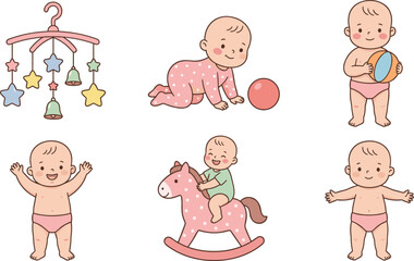 Naklejka premium Cute Baby Activity Collection with Crawling Infant, Rocking Horse Toy, Mobile Hanger, and Early Childhood Development Vector Illustrations