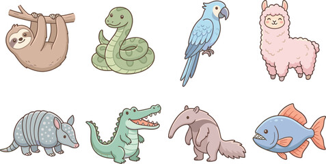 Fototapeta premium Cute Cartoon Animal Collection Featuring Sloth, Snake, Parrot, Alpaca, Armadillo, Crocodile, Anteater, and Fish Vector Illustrations