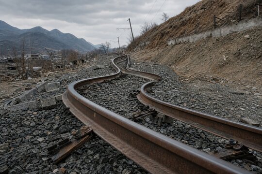 Twisted railway track disconnected from sleepers after an earthquake.