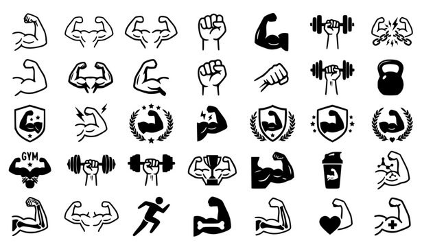 Strong Arm and Muscle Icon Set Black and White Vector Collection