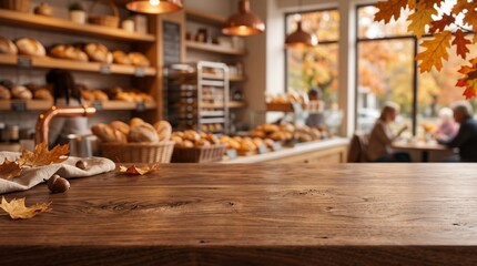 Fototapeta premium A rustic wooden table foregrounds a cozy autumn bakery interior, featuring freshly baked bread, fall leaves, and warm lighting in a soft blur.